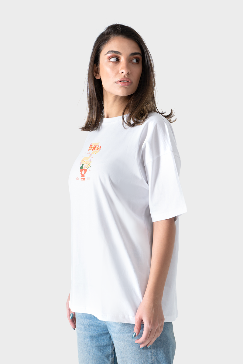 White Noodles Printed Over-Sized T-Shirt