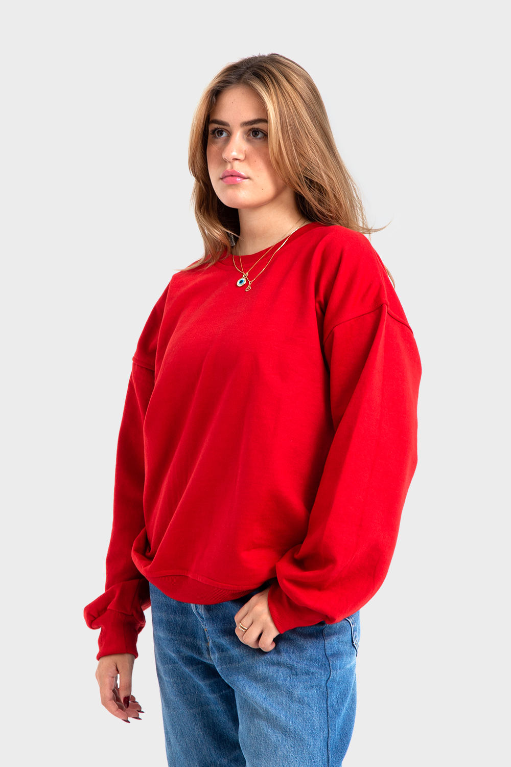 Red Oversized Crew Printed Sweatshirt