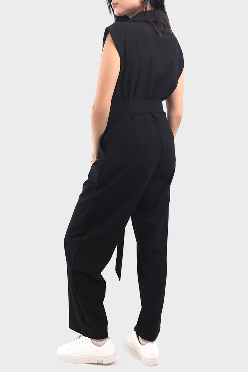 Black Linen Jumpsuit With Adjustable Belt