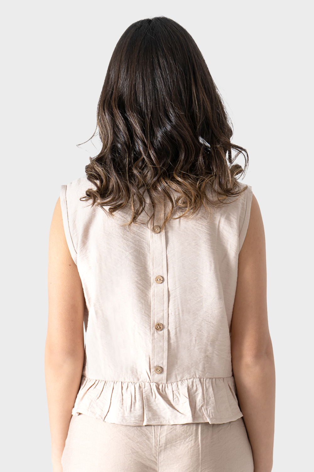 Beige Sleeveless Linen Ruffle Blouse