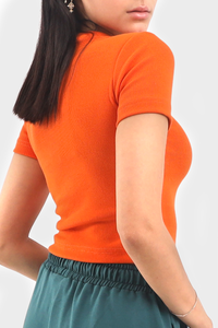 Orange Cropped Short Sleeve Ribbed Top