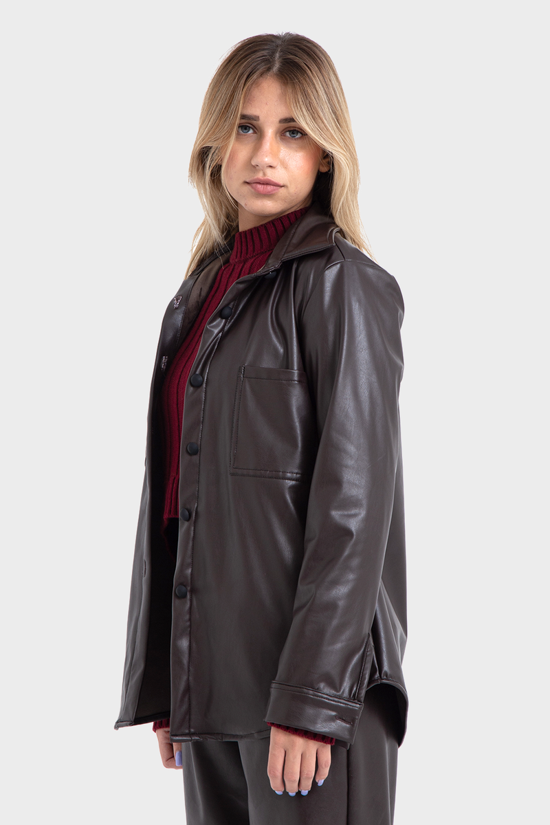 Premium Line, Dark Brown Regular Fit Leather Shirt