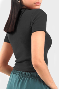 Black Cropped Short Sleeve Ribbed Top