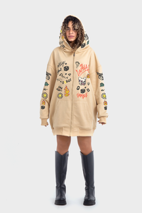 Premium Line, Beige Extra Oversized Printed Hoodie