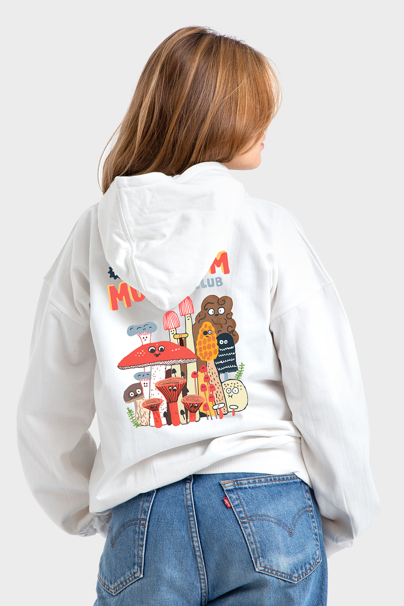 Feature Line, White Oversized Printed Hoodie