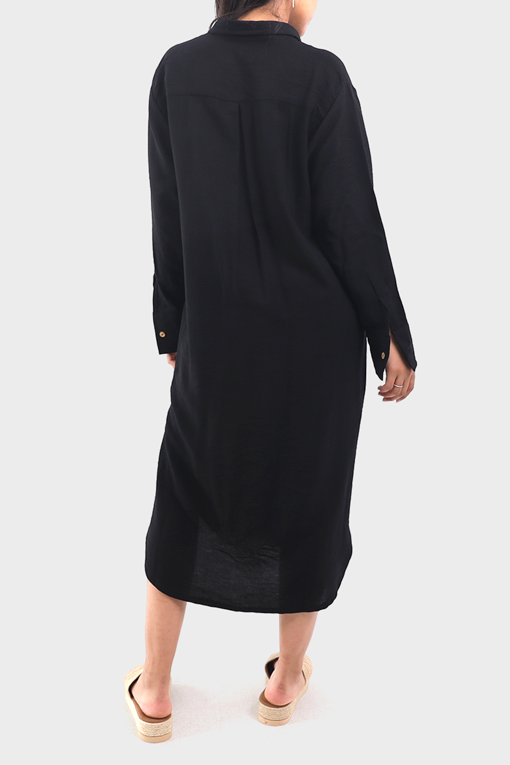 Black Linen Shirt Dress With Side Slits