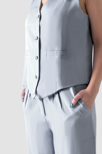 Metallic Gray Loose Fit Vest Suit, Set Of 2 Pieces