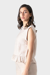 Beige Sleeveless Linen Ruffle Blouse