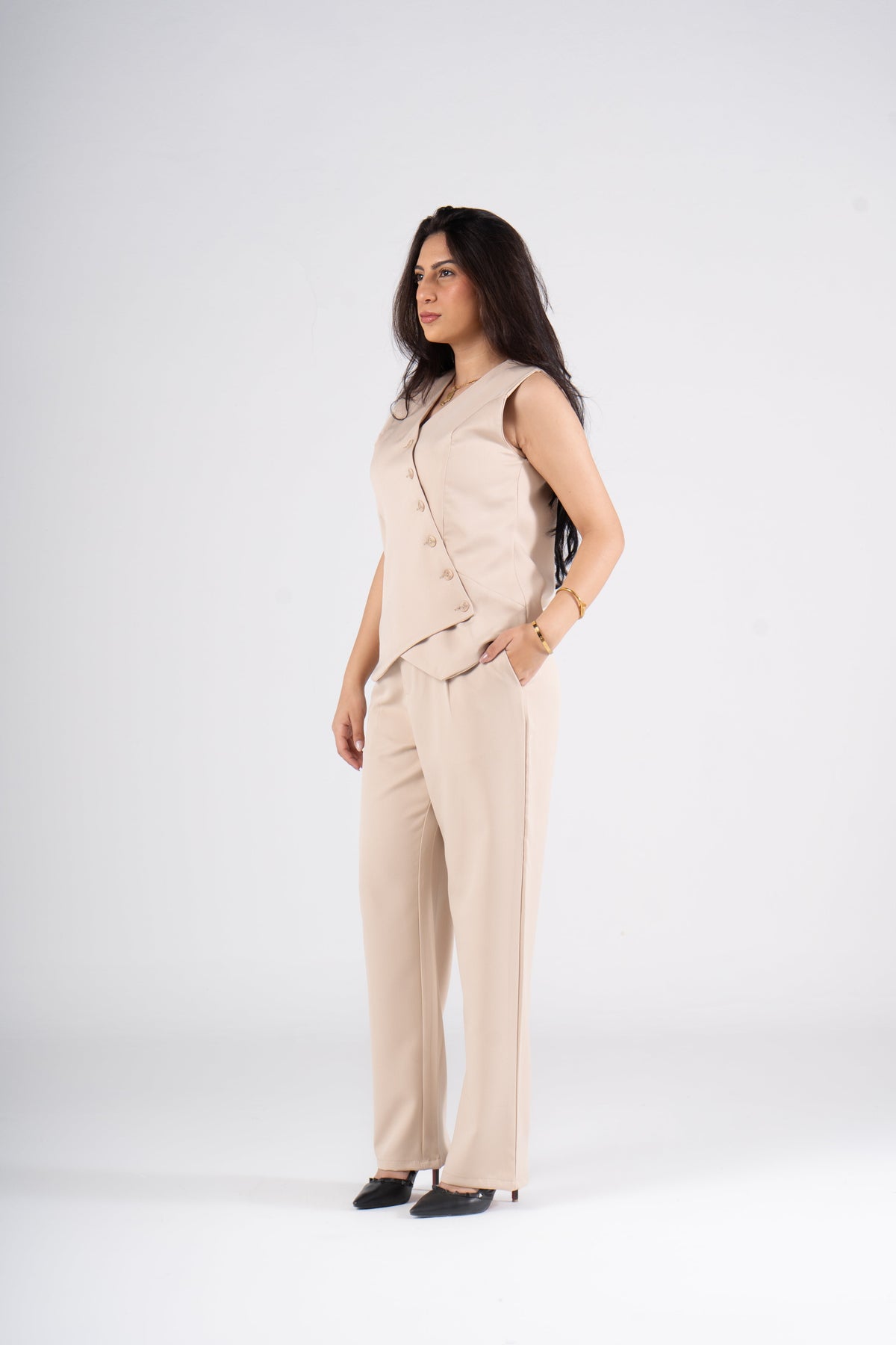 Beige Regular Fit Rosaline Vest Suit