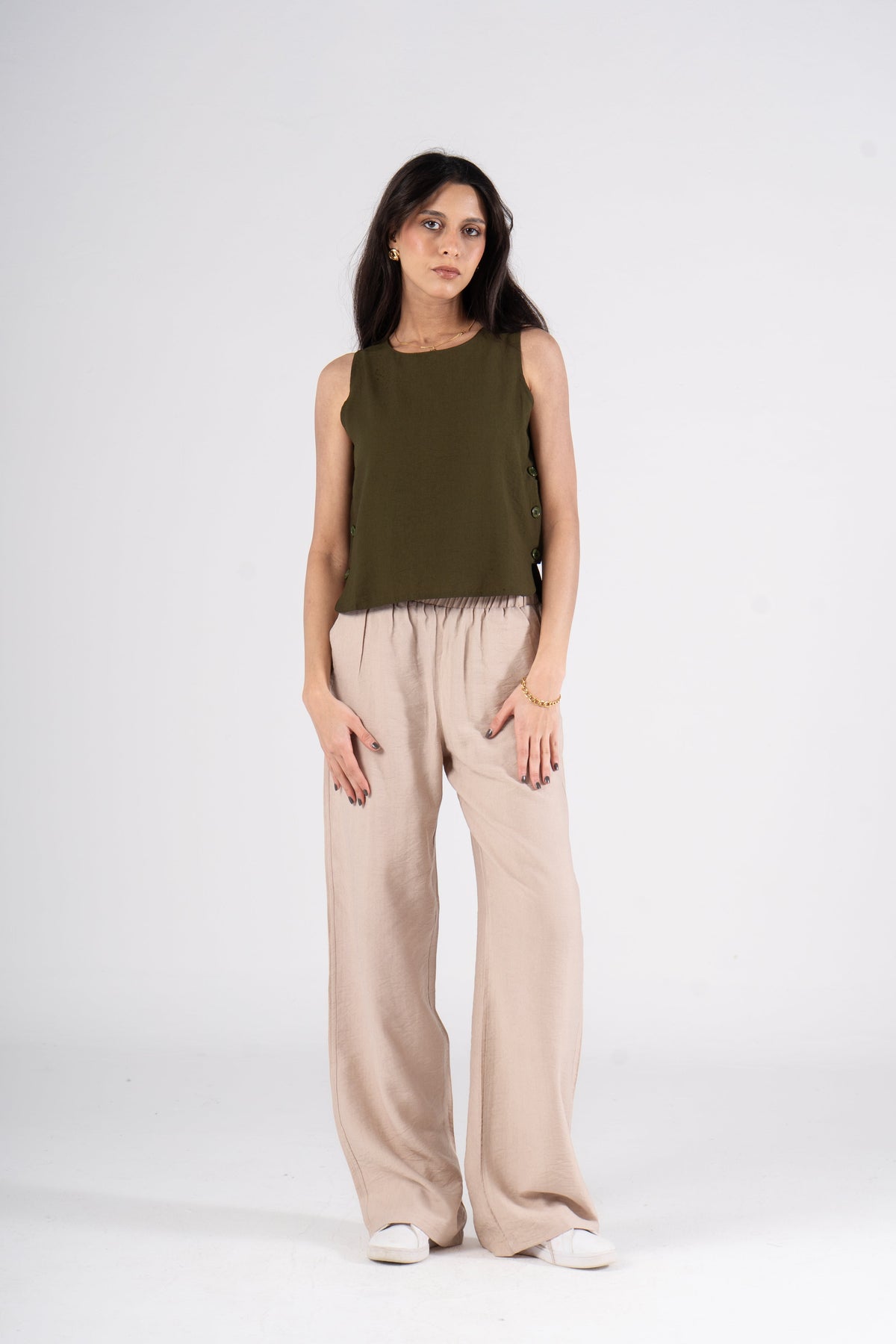 Olive Sleeveless Linen Blouse with Side Buttons