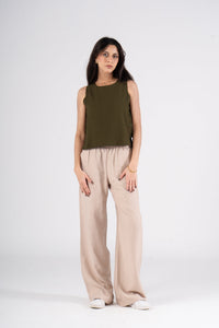 Olive Sleeveless Linen Blouse with Side Buttons