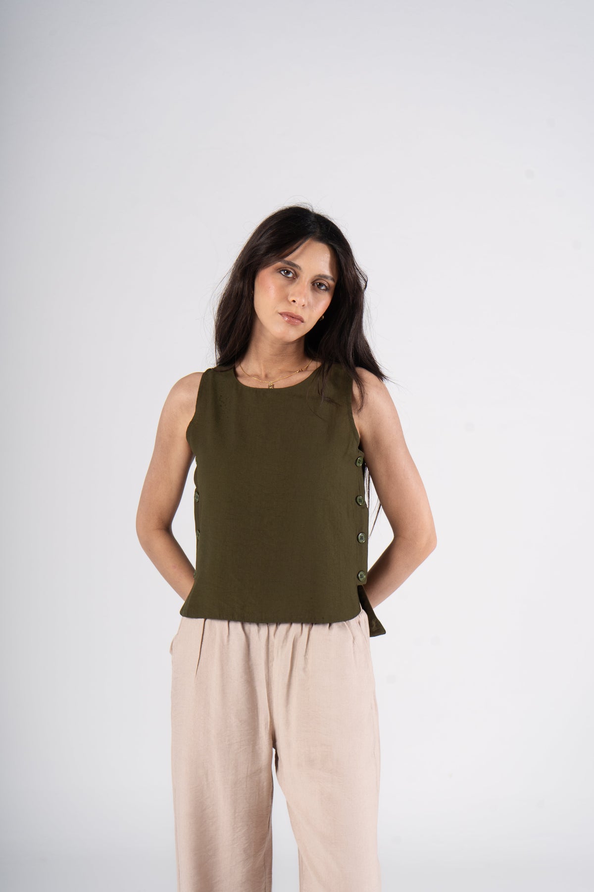 Olive Sleeveless Linen Blouse with Side Buttons