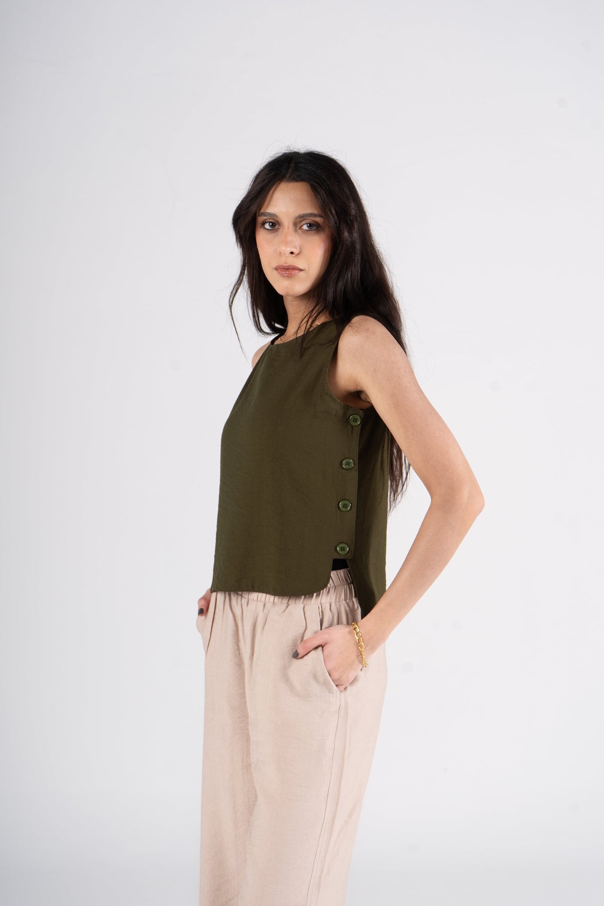 Olive Sleeveless Linen Blouse with Side Buttons