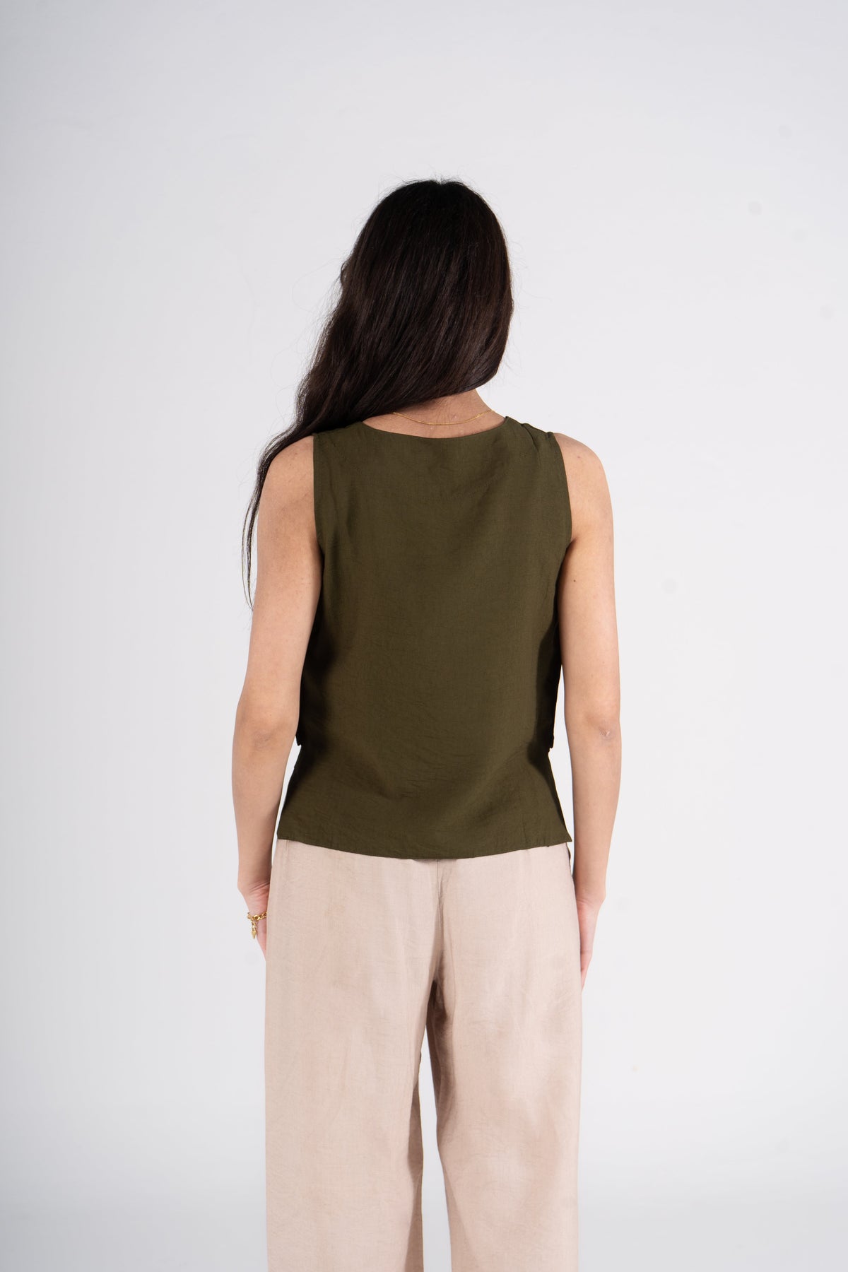 Olive Sleeveless Linen Blouse with Side Buttons