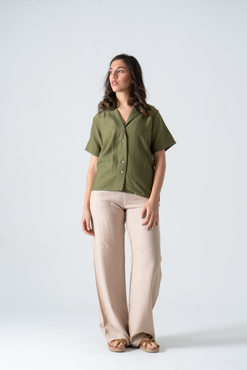 Olive Half Sleeves Linen Shirt