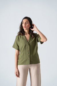 Olive Half Sleeves Linen Shirt