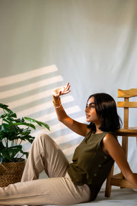 Olive Sleeveless Linen Blouse with Side Buttons