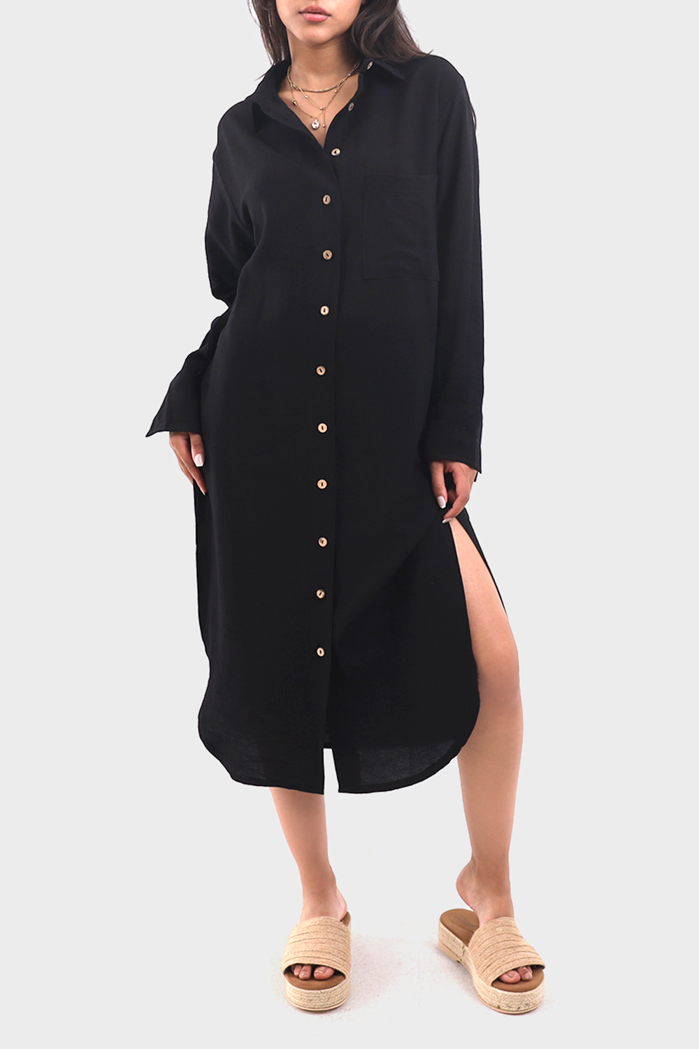 Black Linen Shirt Dress With Side Slits