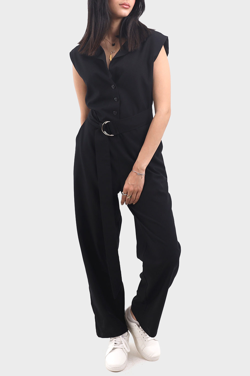 Black Linen Jumpsuit With Adjustable Belt