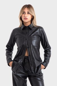 Premium Line, Black Regular Fit Leather Shirt