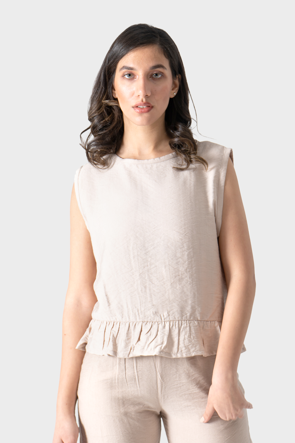 Beige Sleeveless Linen Ruffle Blouse