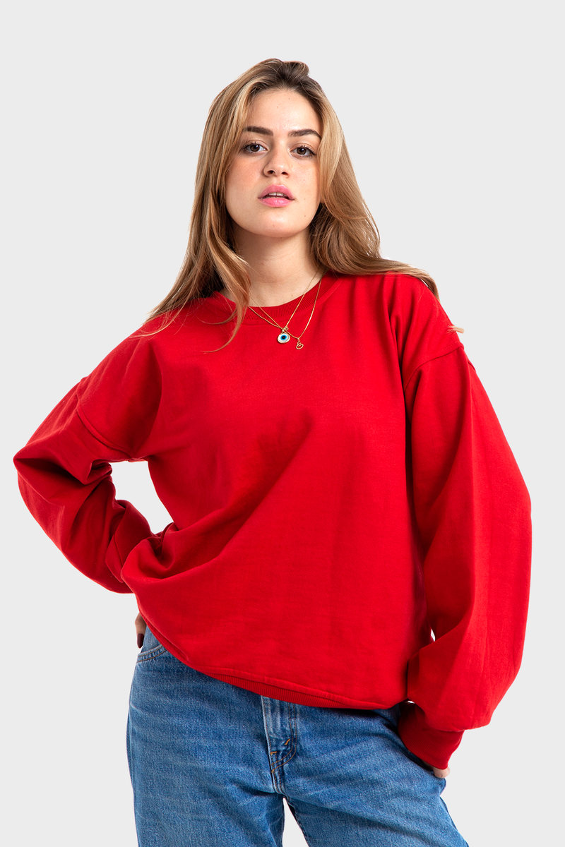 Red Oversized Crew Printed Sweatshirt