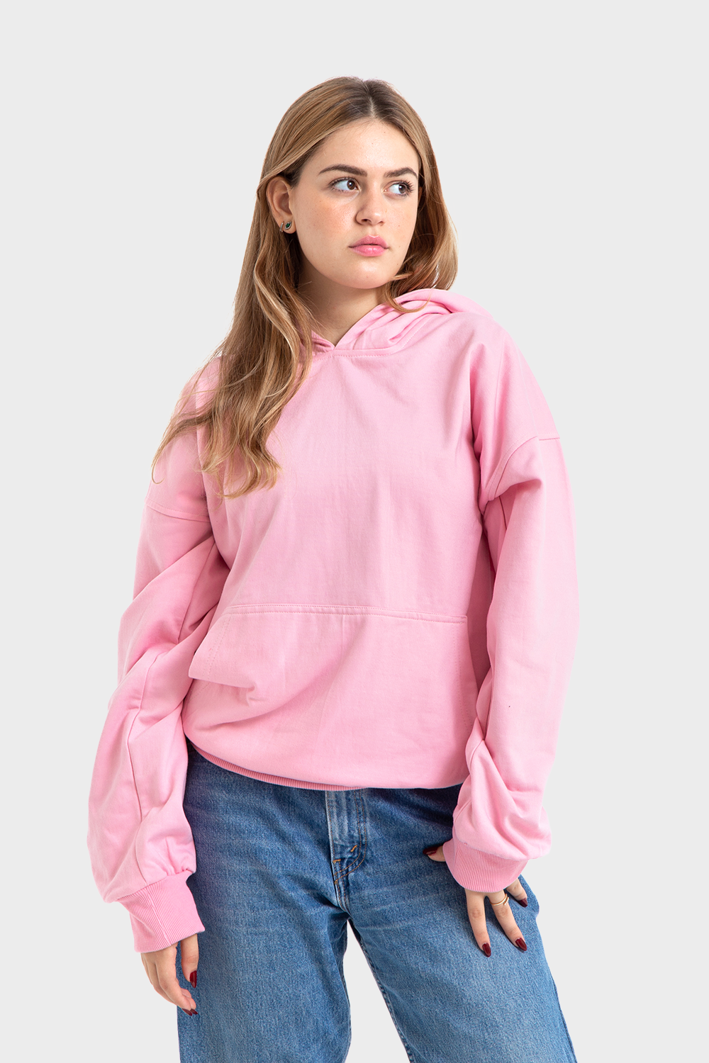 Feature Line, Pink Oversized Plain Hoodie