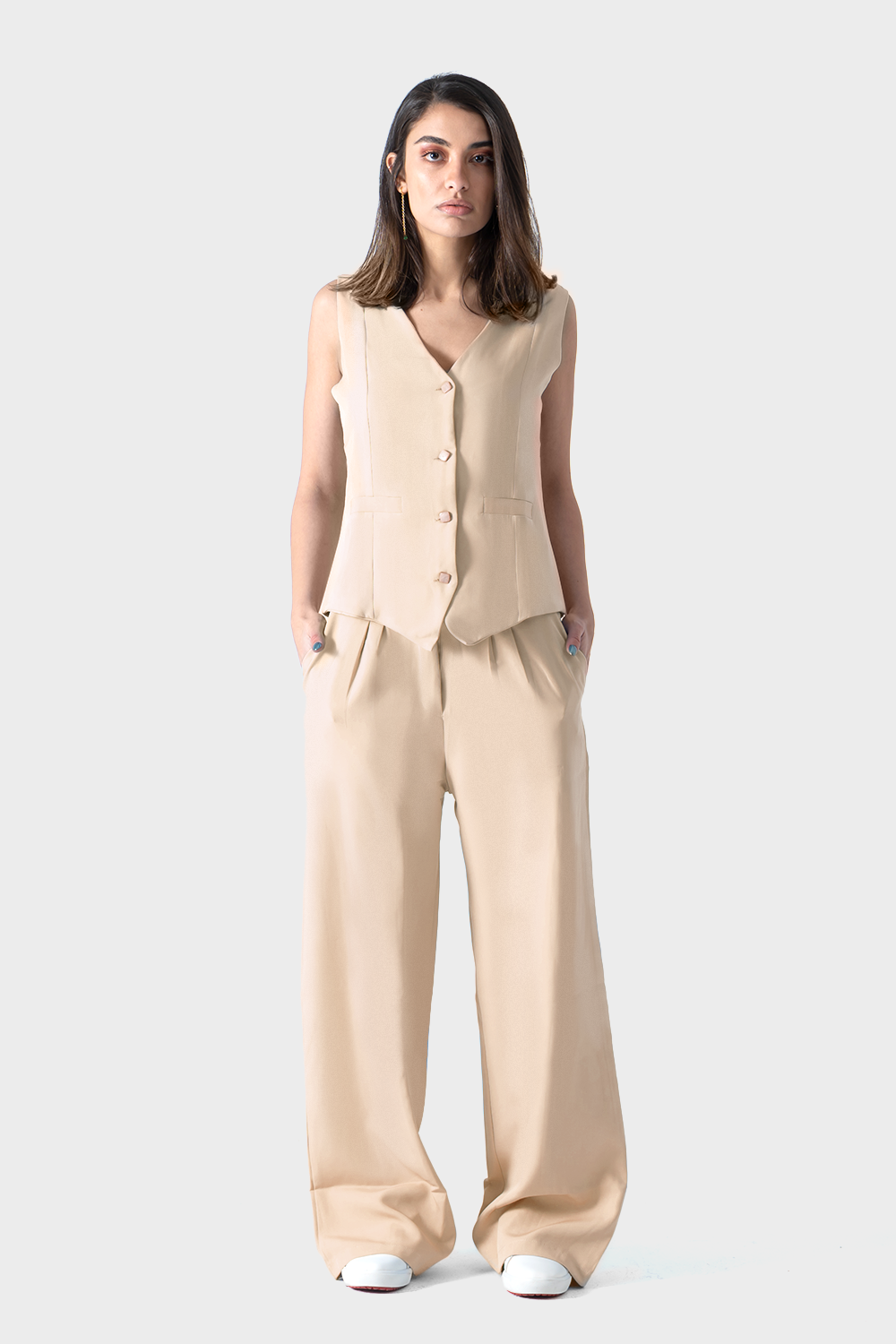 Beige Loose Fit Vest Suit, Set Of 2 Pieces