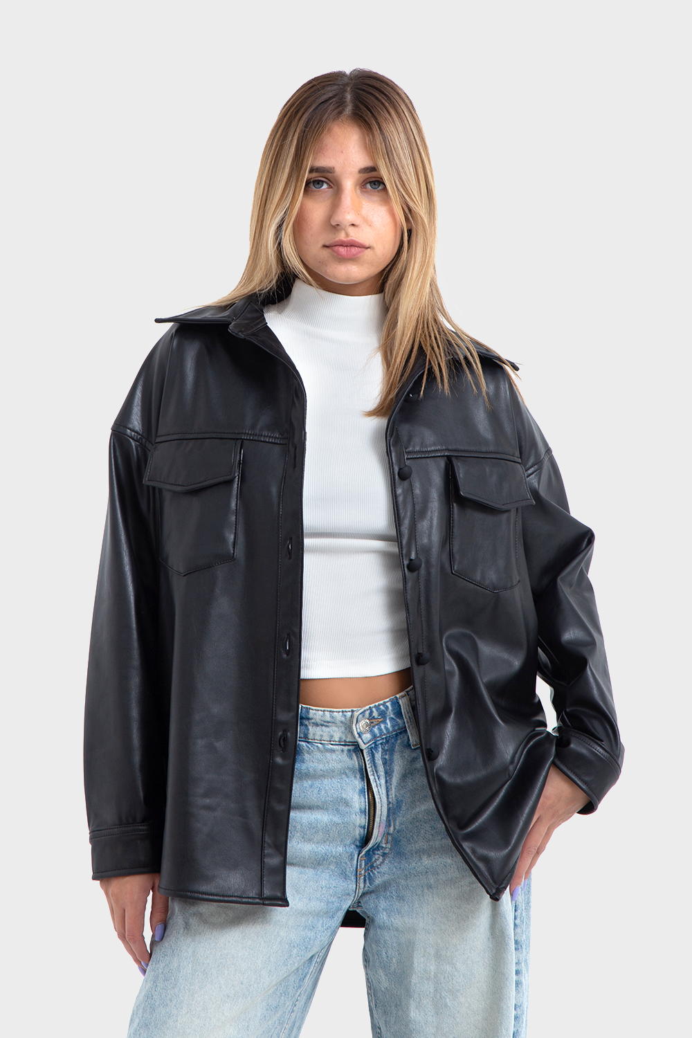 Premium Line, Black Oversized Leather Shirt