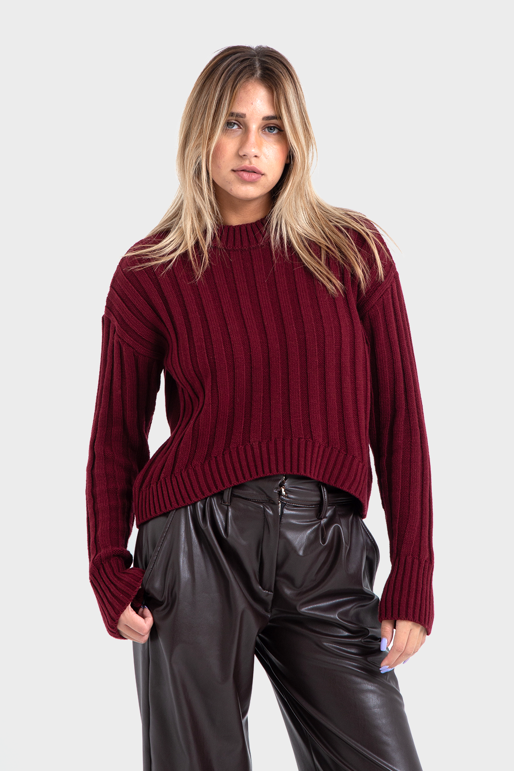 Maroon High Hip Ribbed Pullover