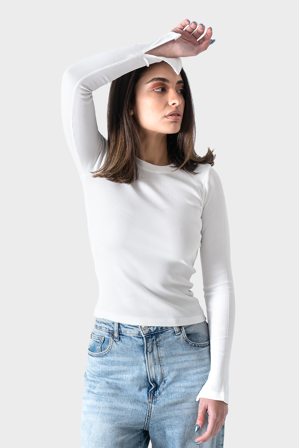 White Ribbed Top With Bracelet Slit